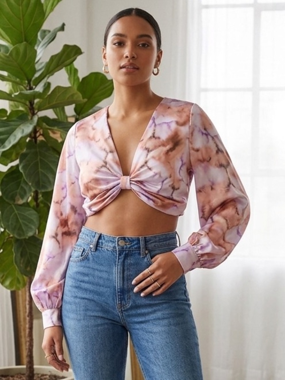 Dynamite Watercolor Satin Knot Front Crop Top Balloon Sleeve Boho tie dye - S